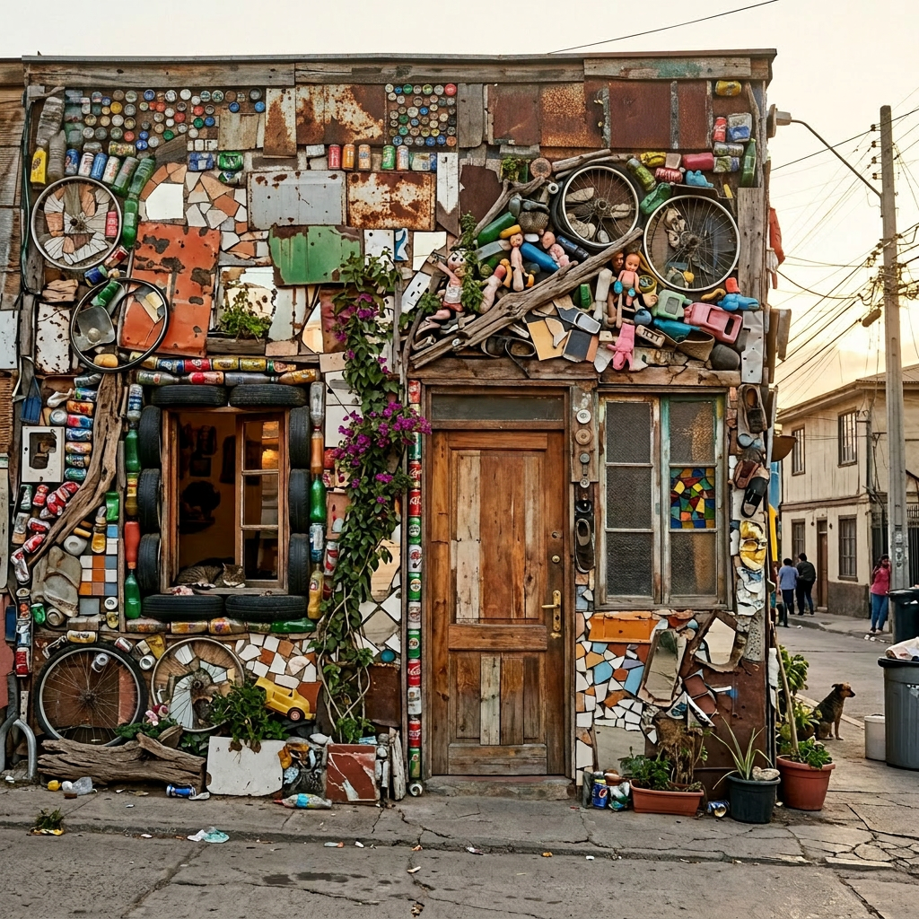Small building facade decorated with recycled materials including bottles, tires, bicycle wheels, and dolls